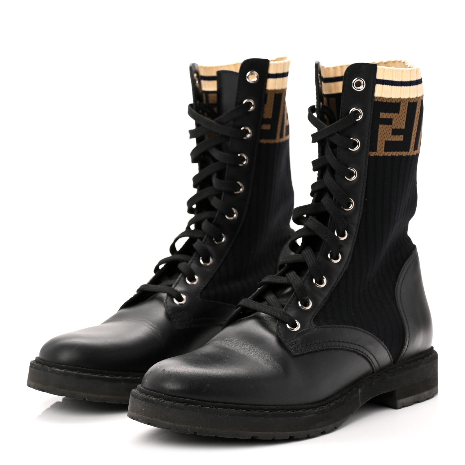 Fendi Calfskin Stretch Fabric Rockoko Biker Boots 38 Tobacco Black Marino