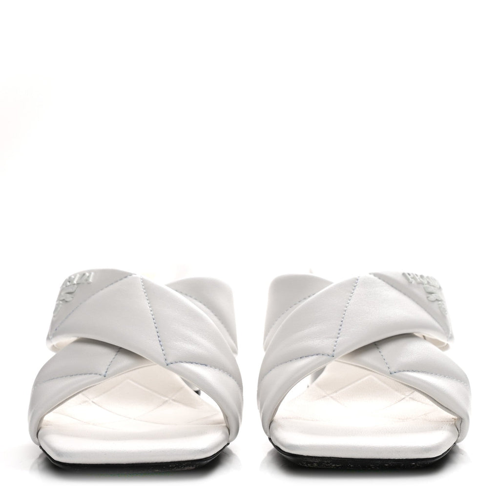 Prada Nappa Logo Quilted Crisscross 65mm Block Heel Slide Sandals 39.5 White
