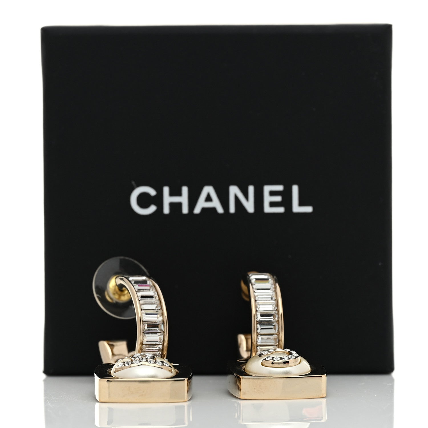 Chanel Pearl Crystal Baguette No 5 Lock Drop Earrings Gold Pearly White