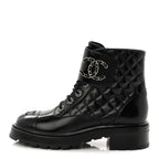 Chanel Shiny Calfskin Quilted Lace Up Combat Boots 39 Black