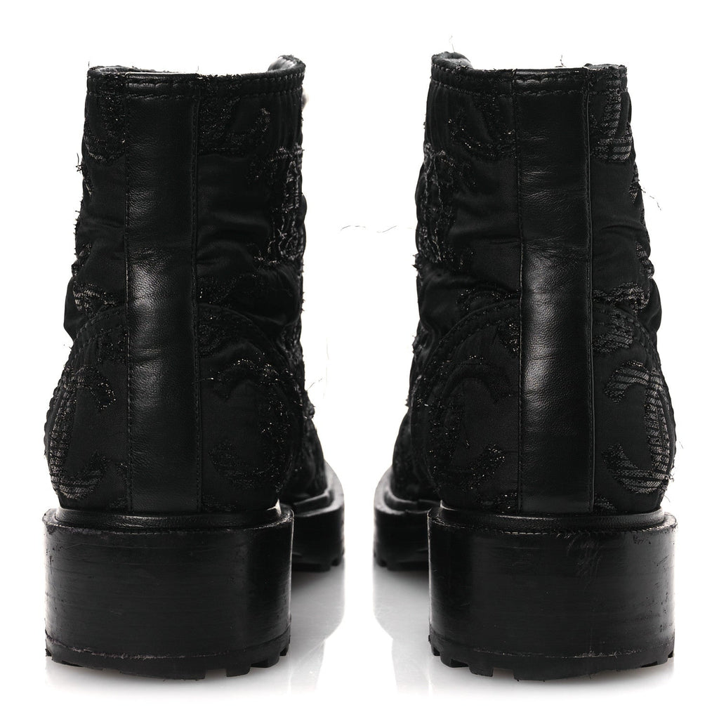 Chanel Grosgrain Tweed Pearl CC Combat Short Boots 39 Black