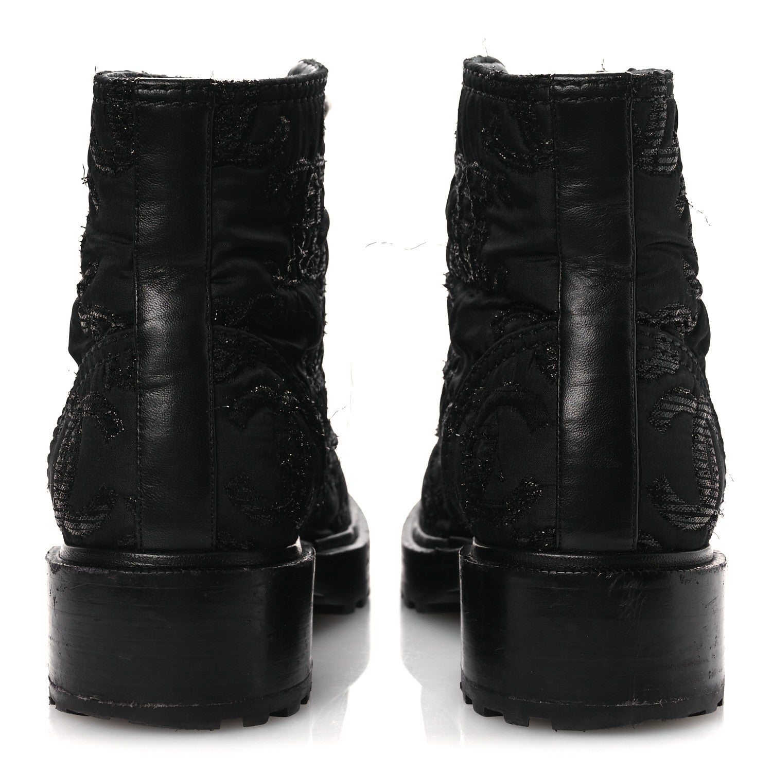 Chanel Grosgrain Tweed Pearl CC Combat Short Boots 39 Black