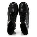 Chanel Shiny Calfskin Velvet Pearl Combat Short Boots 36 Black