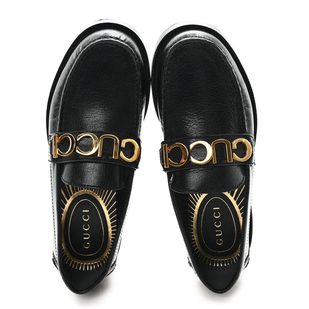Gucci Goatskin Womens Logo 15mm Loafers 35 Black