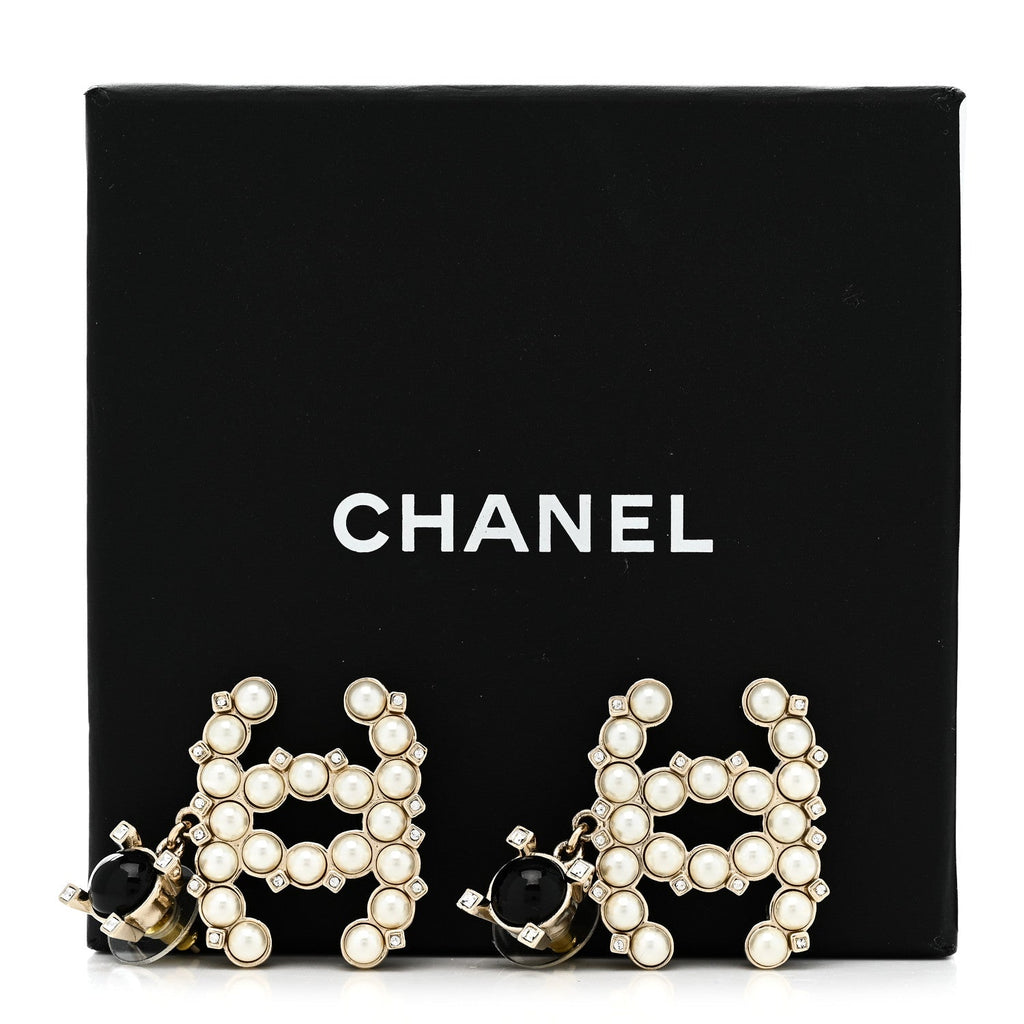 Chanel Resin Crystal Pearl CC Drop Earrings Black Gold
