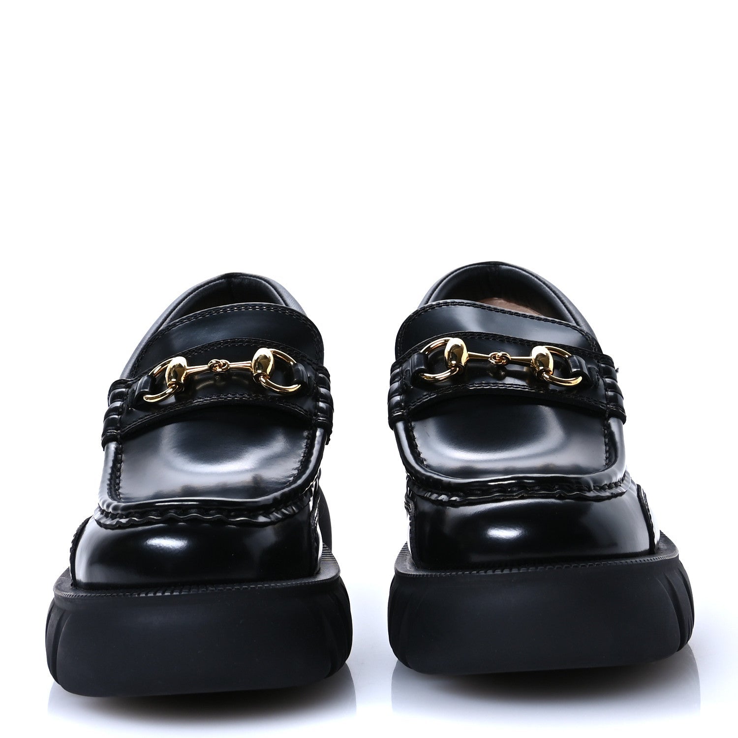 Gucci Magnum Calfskin Nappa Samoa Womens Horsebit Platform Chunky Lug Sole 40mm Loafers 35 Black