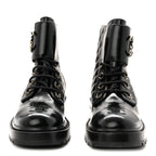 Chanel Shiny Calfskin Quilted Lace Up Combat Boots 39 Black