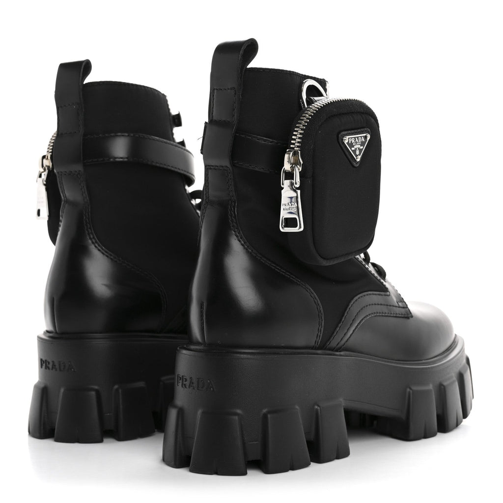 Prada Spazzolato Rois Nylon Metal Triangle Logo Monolith Pouch Pocket 55mm Boots 36.5 Black