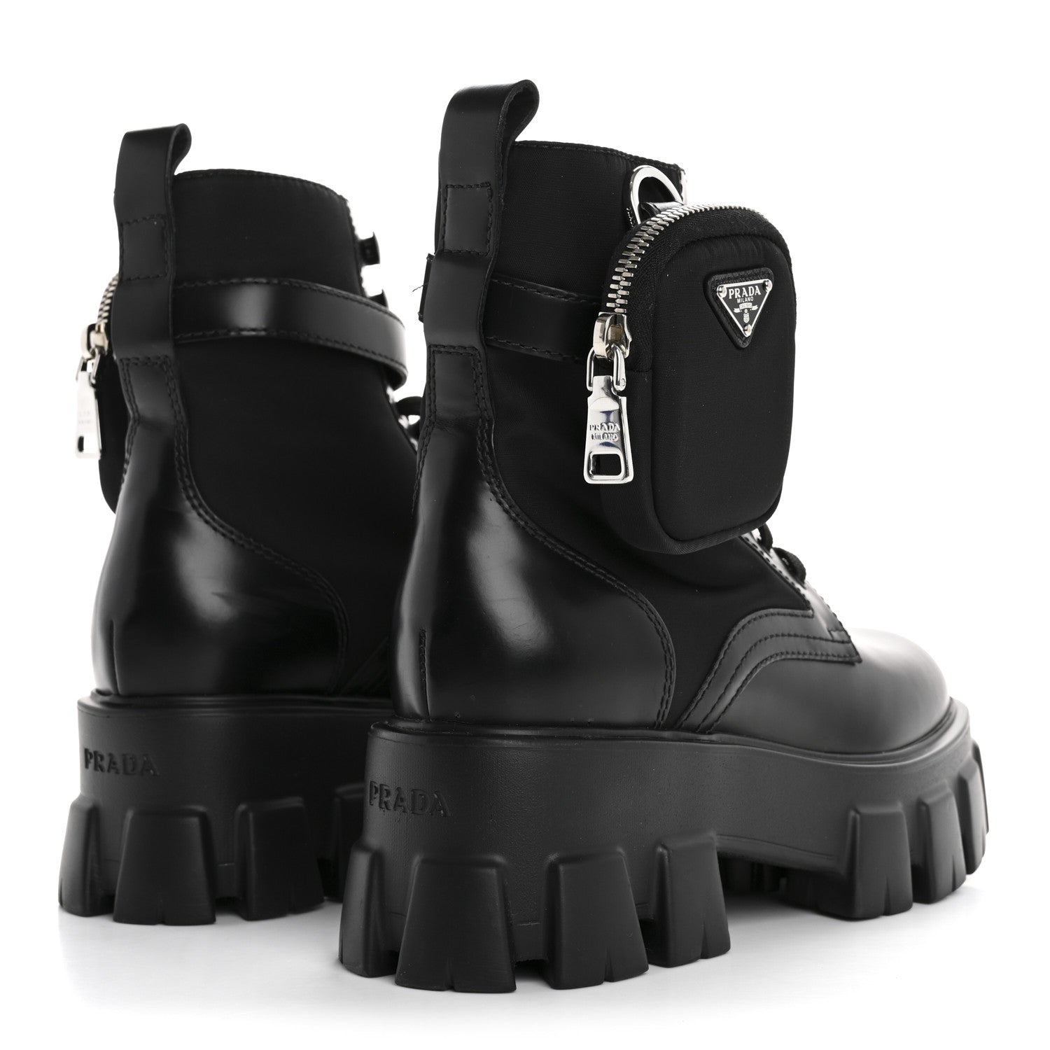 Prada Spazzolato Rois Nylon Metal Triangle Logo Monolith Pouch Pocket 55mm Boots 36.5 Black