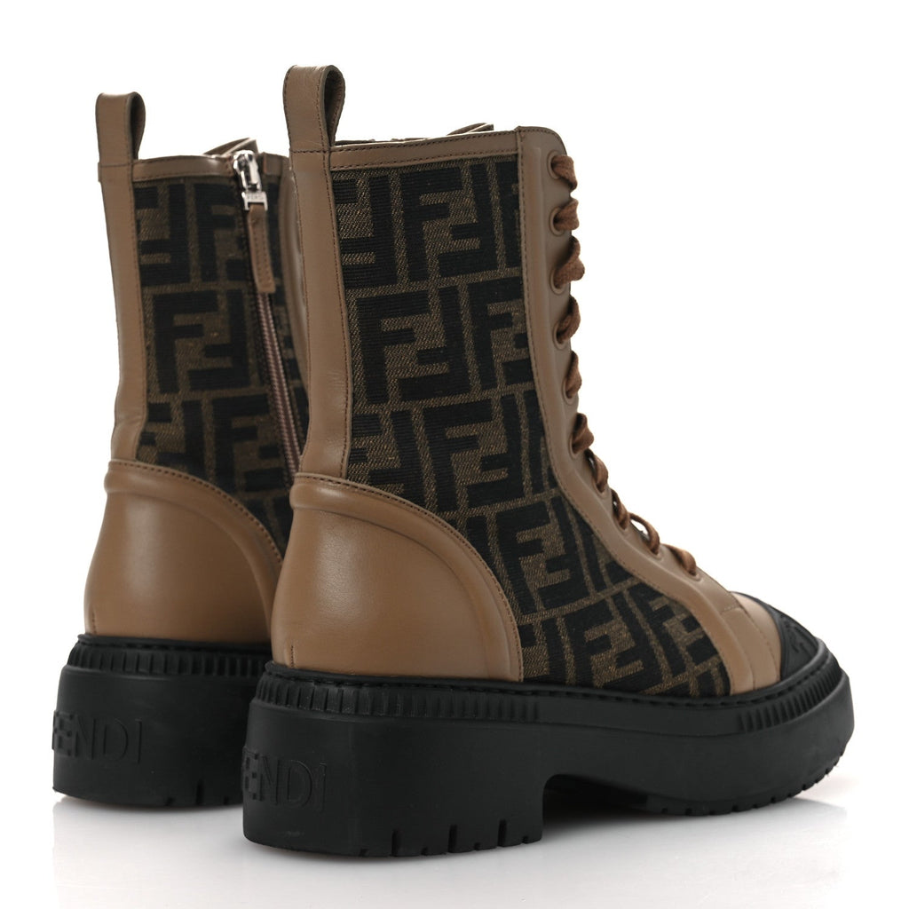 Fendi Fabric Jacquard Vitello FF Domino 50mm Biker Boots 38 Tobacco Black Sand