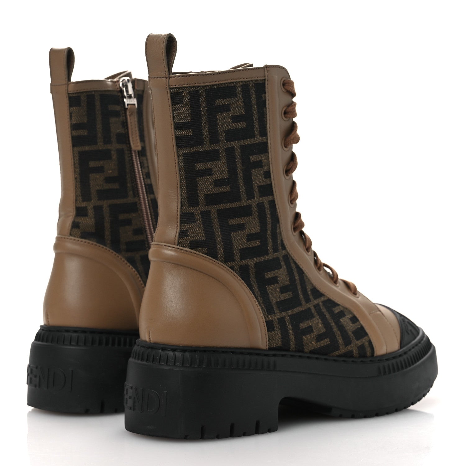Fendi Fabric Jacquard Vitello FF Domino 50mm Biker Boots 38 Tobacco Black Sand