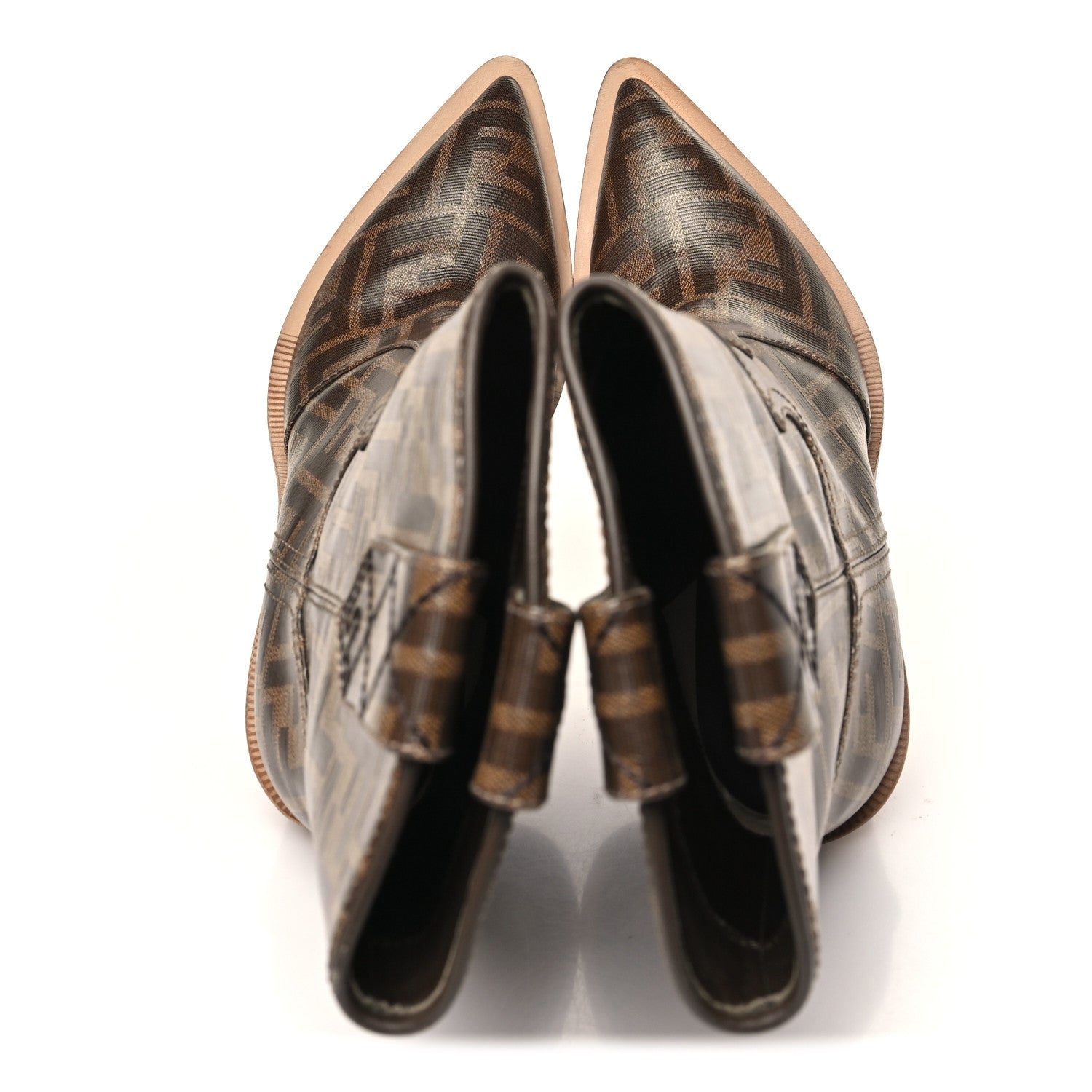 Fendi Glazed Fabric FF 1974 Cutwalk Ankle Boots 36 Mogano Panna
