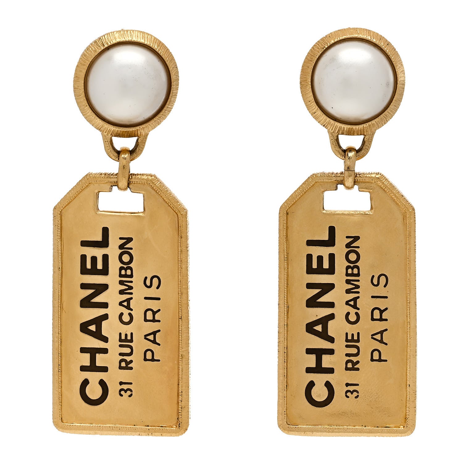 Chanel Pearl CC Tags Drop Earrings Gold