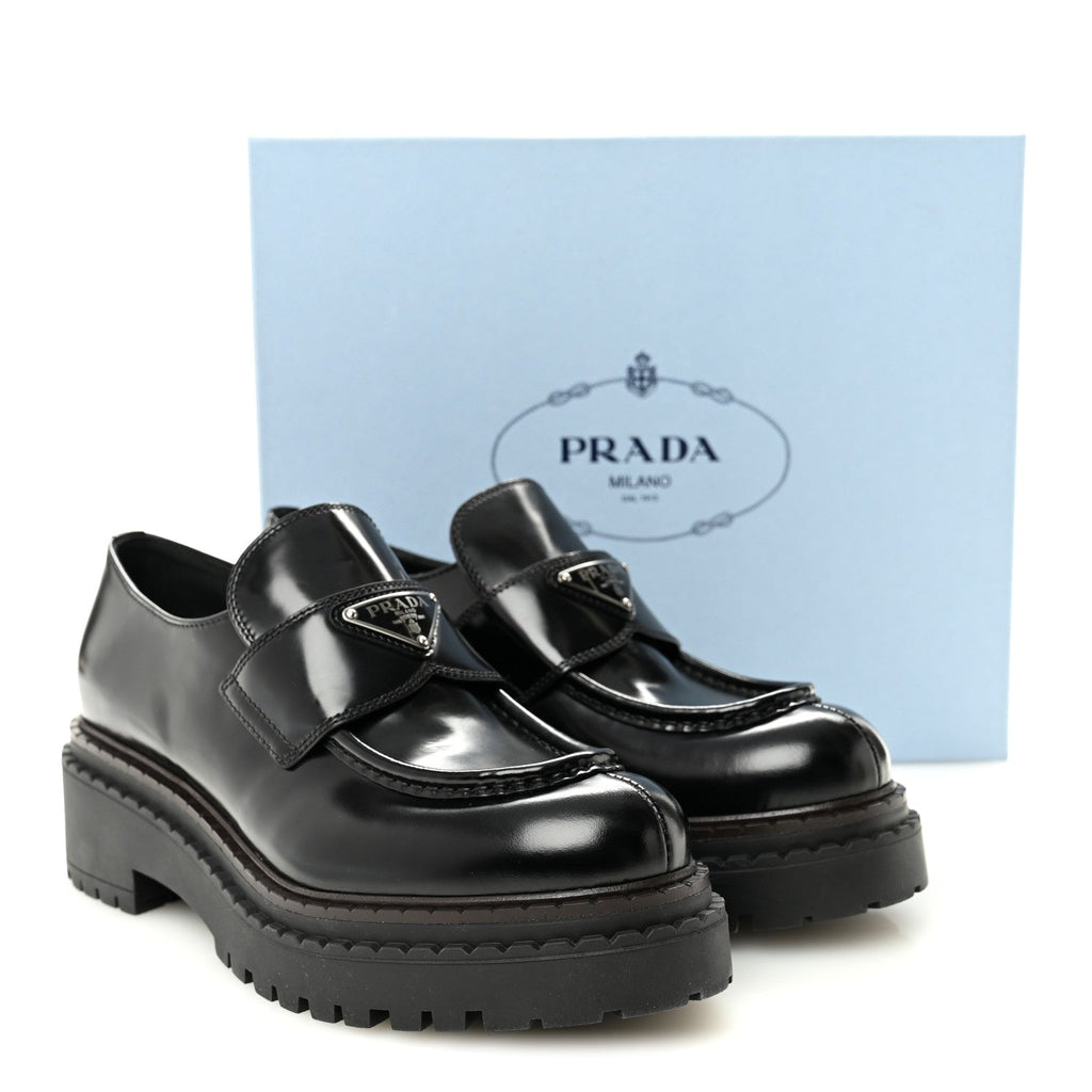 Prada Spazzolato Metal Triangle Logo 50mm Loafers 39 Black
