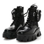 Prada Spazzolato Rois Re-Nylon Metal Triangle Logo Monolith Pouch Pocket 55mm Boots 35.5 Black