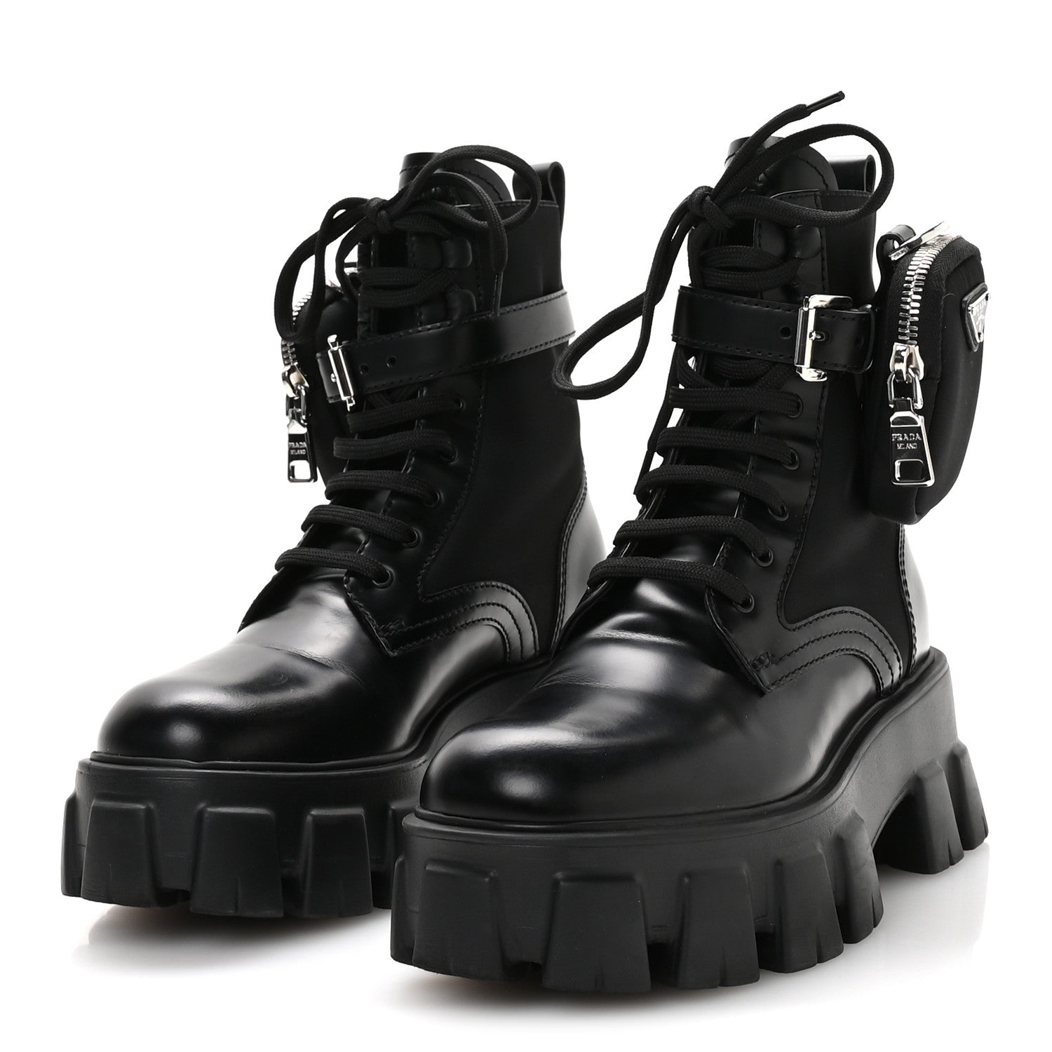 Prada Spazzolato Rois Re-Nylon Metal Triangle Logo Monolith Pouch Pocket 55mm Boots 35.5 Black