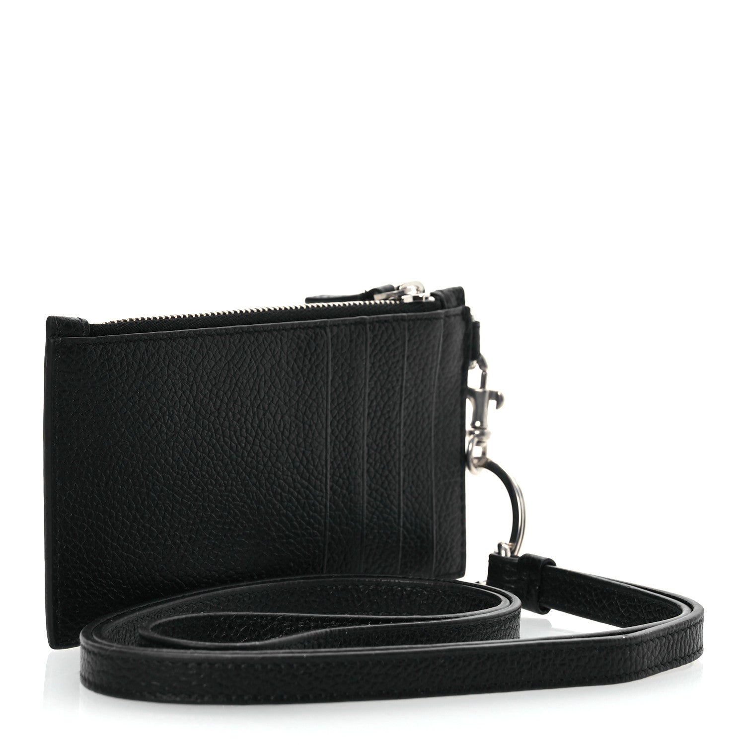 Balenciaga Grained Calfskin Miami Logo Cash Coin Card Holder On Keychain Black