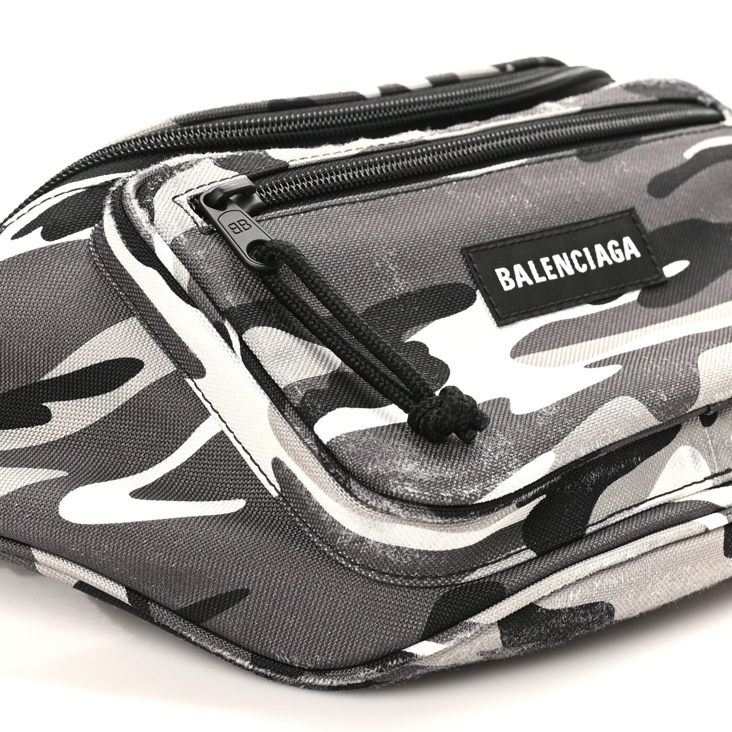 Balenciaga Distressed Nylon Canvas Camo Logo Explorer Beltpack Black White Gray