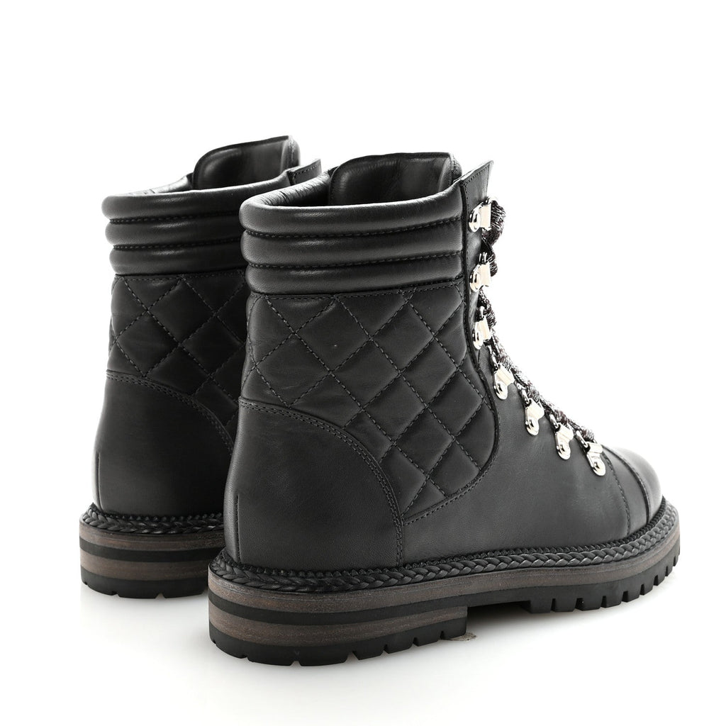 Chanel Lambskin Quilted Lace Up Boots 35.5 Grey