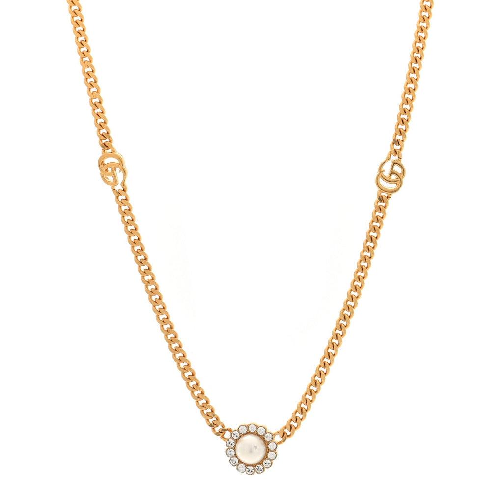 Gucci Crystal Pearl Double G Marmont Flower Necklace Gold