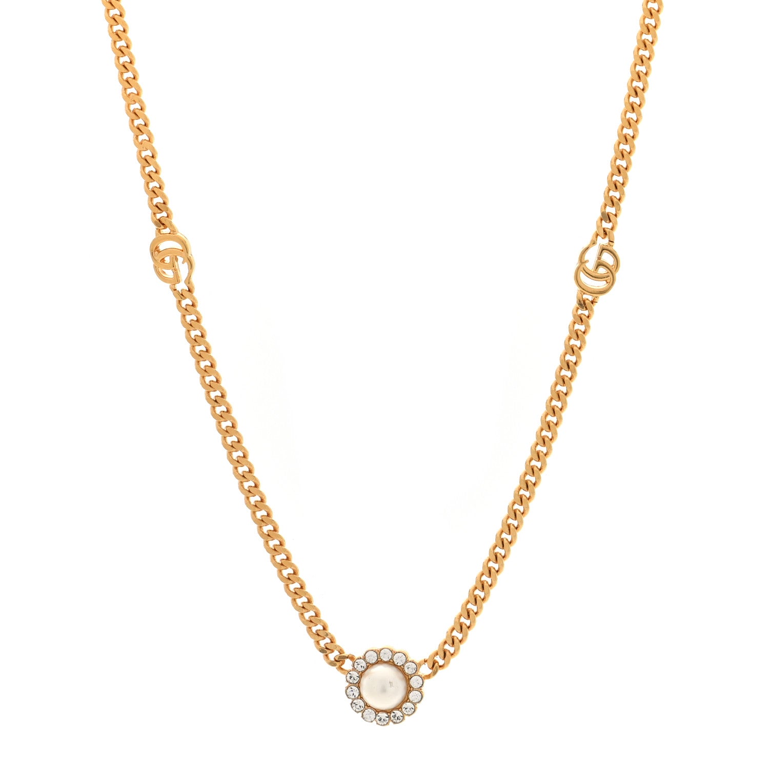 Gucci Crystal Pearl Double G Marmont Flower Necklace Gold