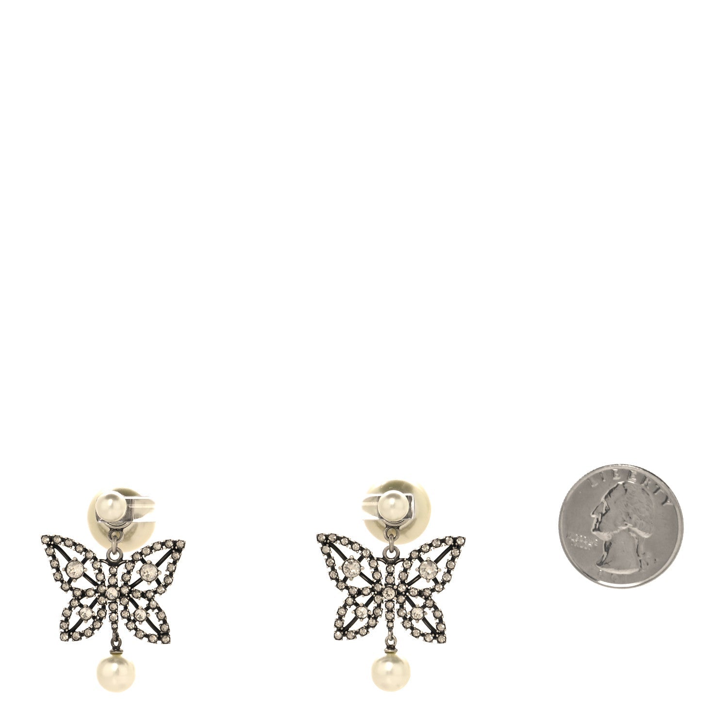 Christian Dior Crystal Pearl Butterfly Drop Earrings Silver
