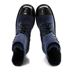 Chanel Shiny Calfskin Velvet Quilted Lace Up Combat Boots 38.5 Blue Black
