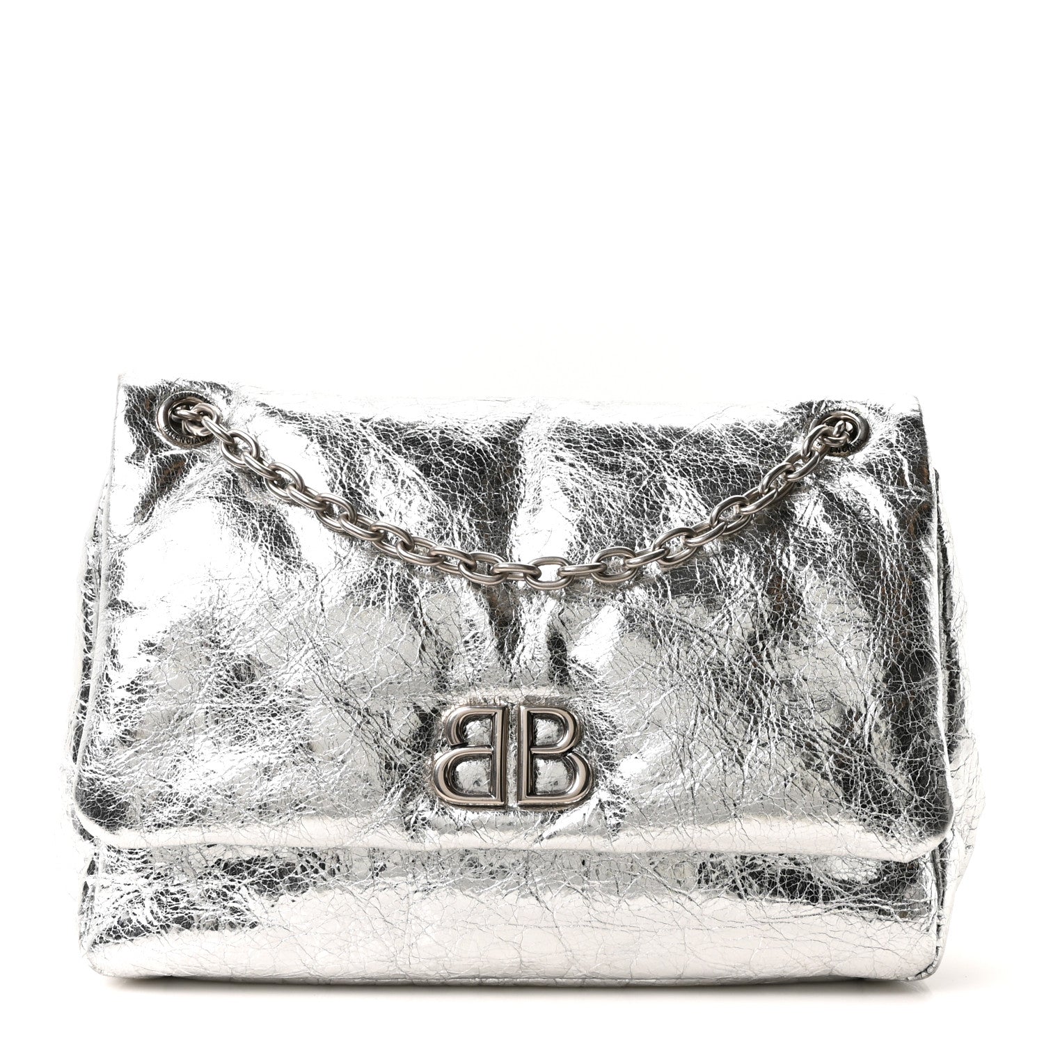 Balenciaga Metallized Arena Calfskin MIni Monaco Chain Shoulder Bag Silver