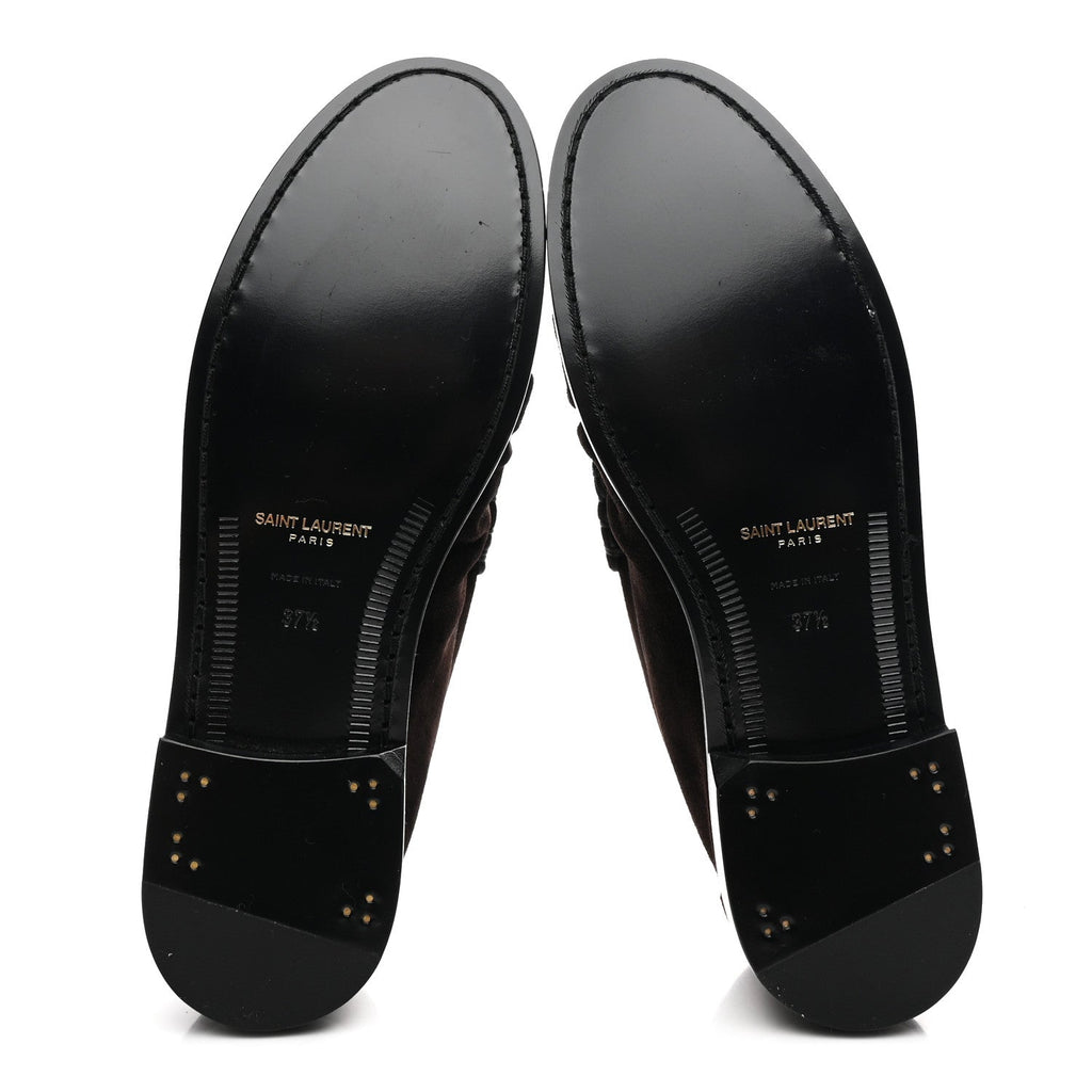 Saint Laurent Suede Le Loafer 15 Penny Slippers 37.5 Dark Chocolate