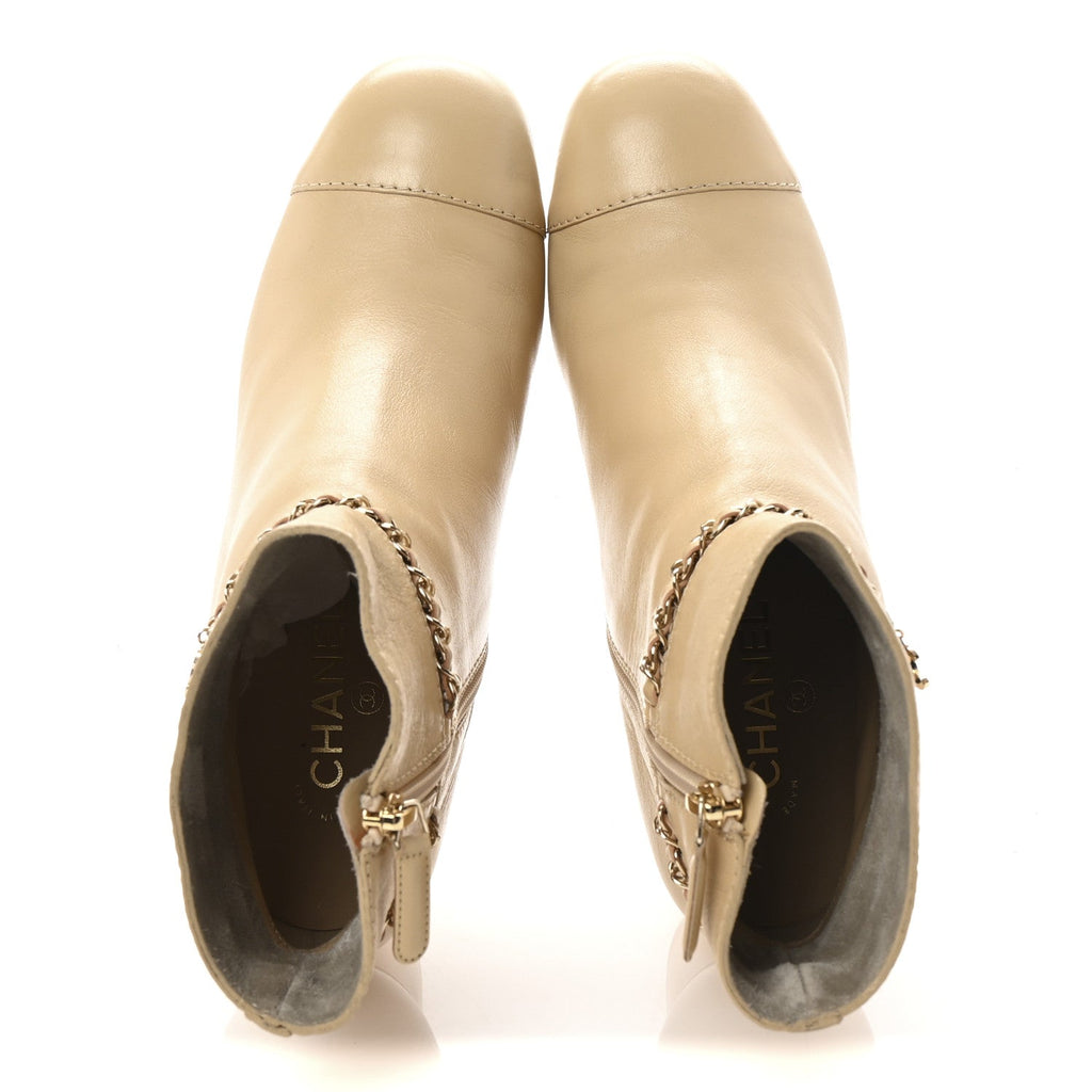 Chanel Calfskin Cap Toe Chain Short Boots 41 Beige