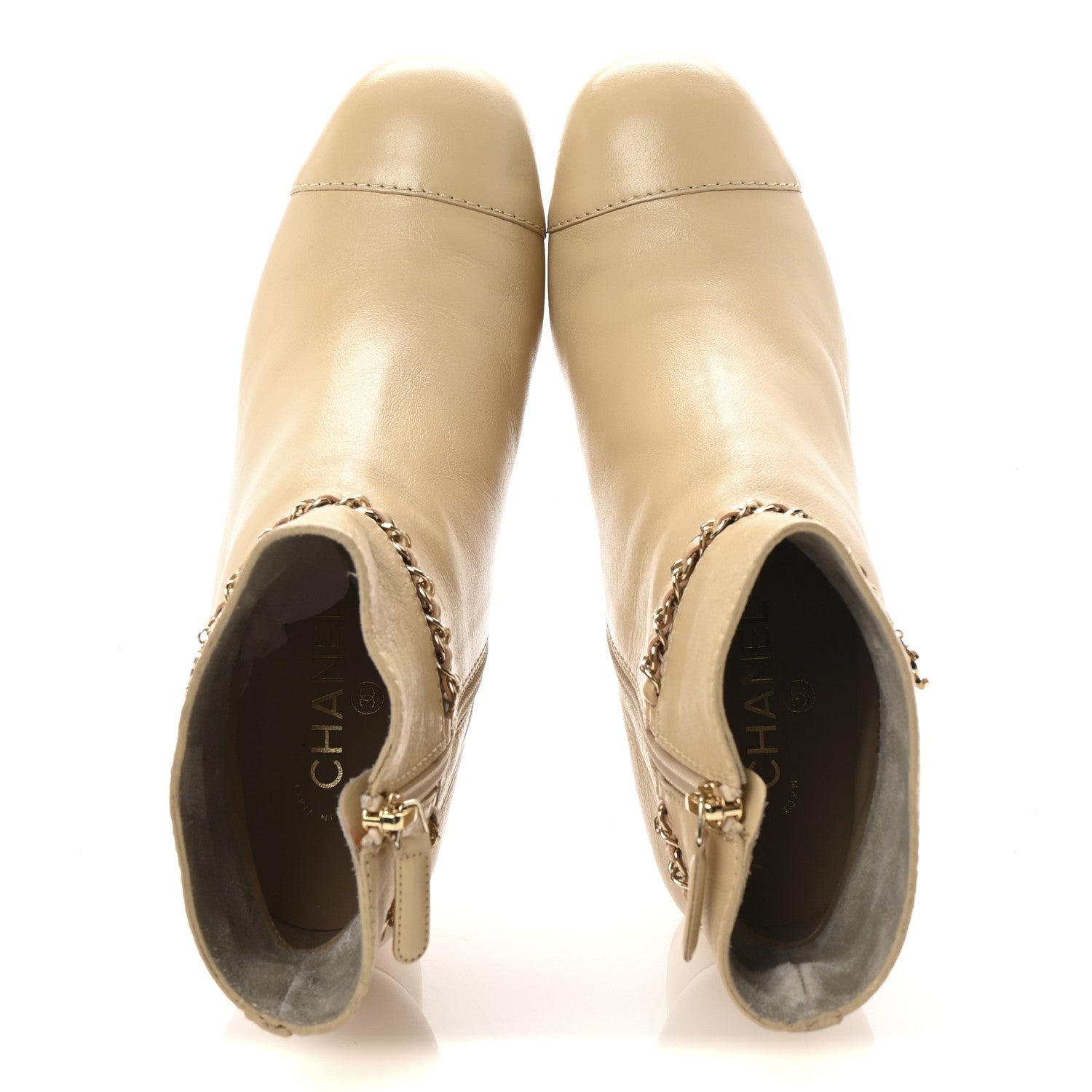 Chanel Calfskin Cap Toe Chain Short Boots 41 Beige