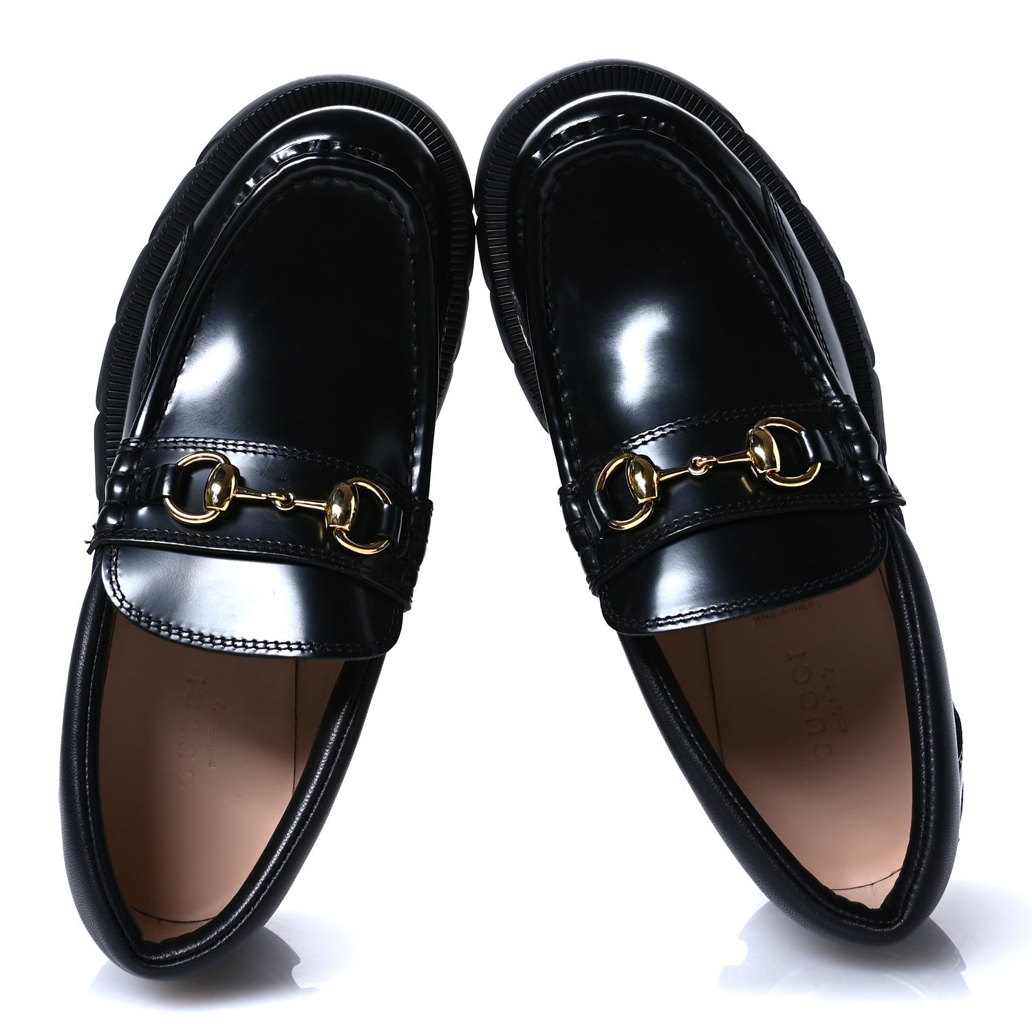 Gucci Magnum Calfskin Nappa Samoa Womens Horsebit Platform Chunky Lug Sole 40mm Loafers 35 Black