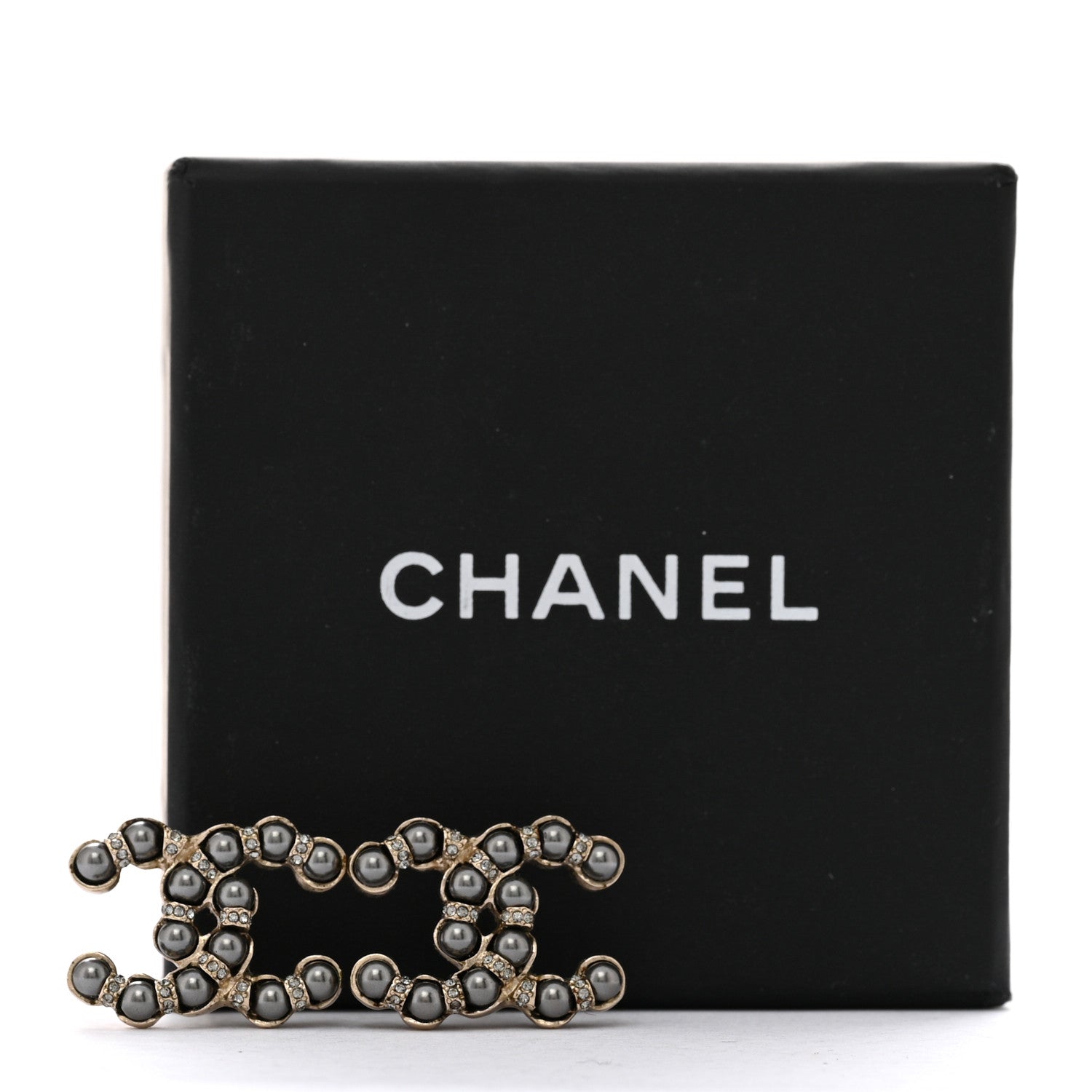 Chanel Pearl Crystal Nefertiti CC Earrings Silver Dark Grey