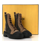 Fendi Fabric Jacquard Vitello FF Domino 50mm Biker Boots 38 Tobacco Black Sand