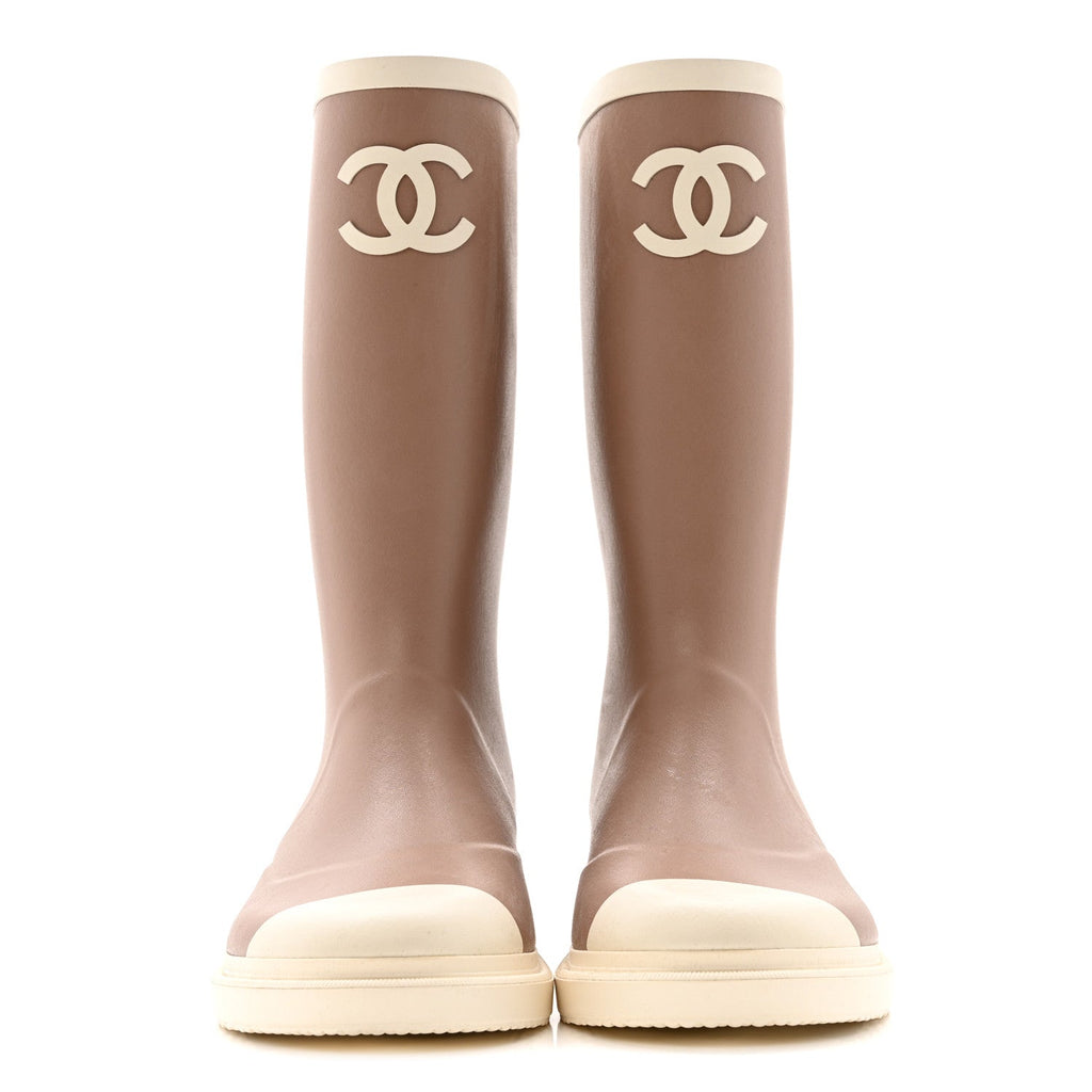 Chanel Caoutchouk CC High Boots 38 Beige White