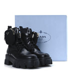 Prada Spazzolato Rois Re-Nylon Metal Triangle Logo Monolith Pouch Pocket 55mm Boots 41 Black