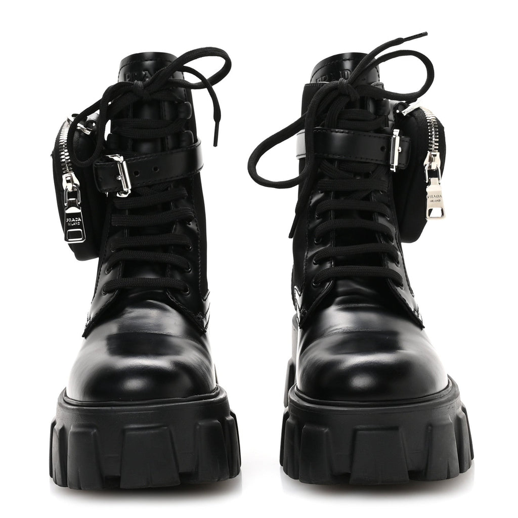 Prada Spazzolato Rois Re-Nylon Metal Triangle Logo Monolith Pouch Pocket 55mm Boots 35.5 Black
