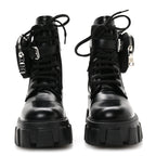 Prada Spazzolato Rois Re-Nylon Metal Triangle Logo Monolith Pouch Pocket 55mm Boots 35.5 Black