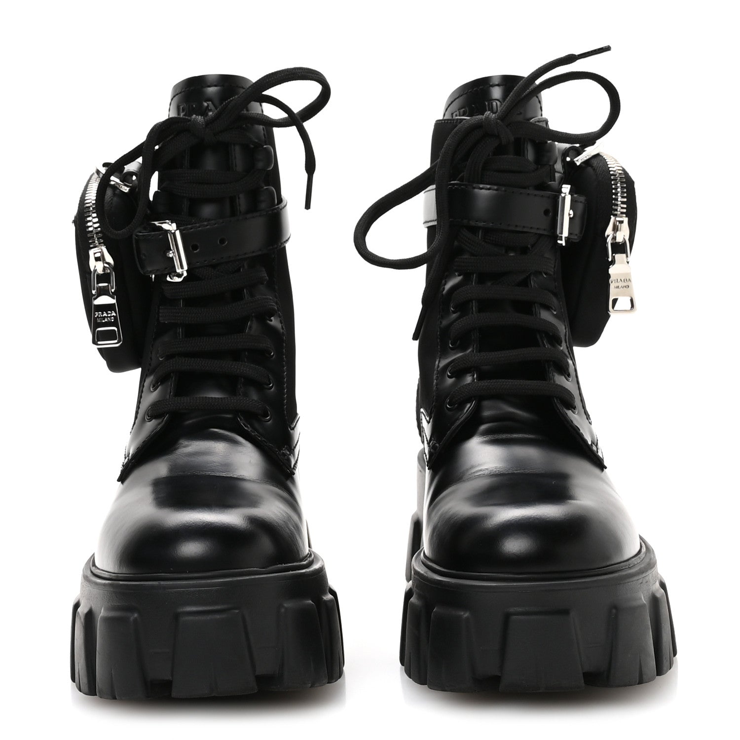 Prada Spazzolato Rois Re-Nylon Metal Triangle Logo Monolith Pouch Pocket 55mm Boots 35.5 Black