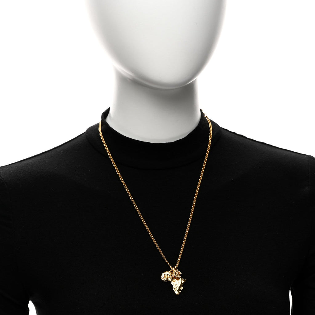 Chanel Crystal Pearl CC Africa Pendant Necklace Gold White