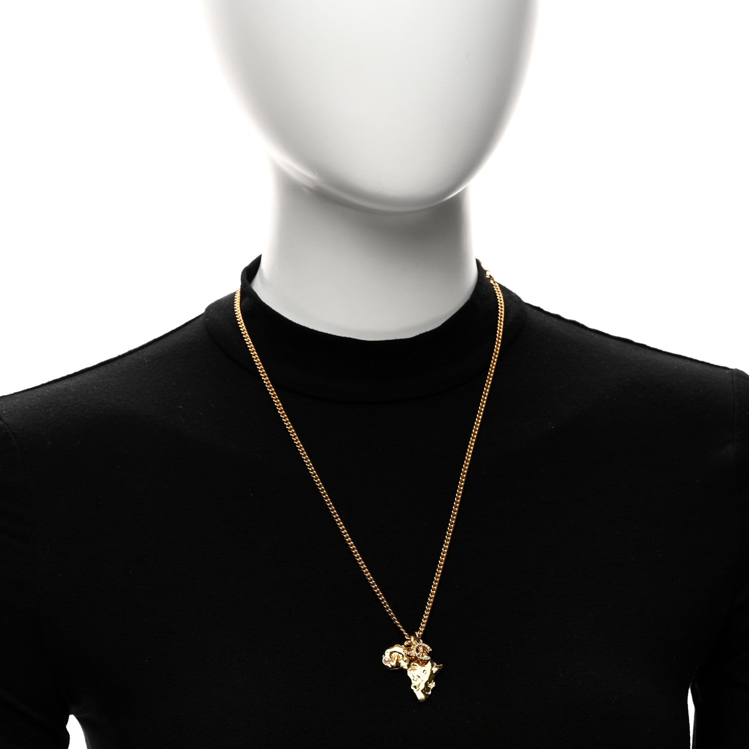 Chanel Crystal Pearl CC Africa Pendant Necklace Gold White