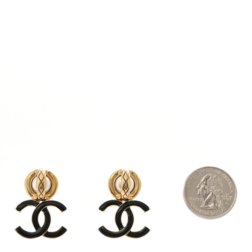 Chanel Pearl Resin CC Drop Earrings Gold Black