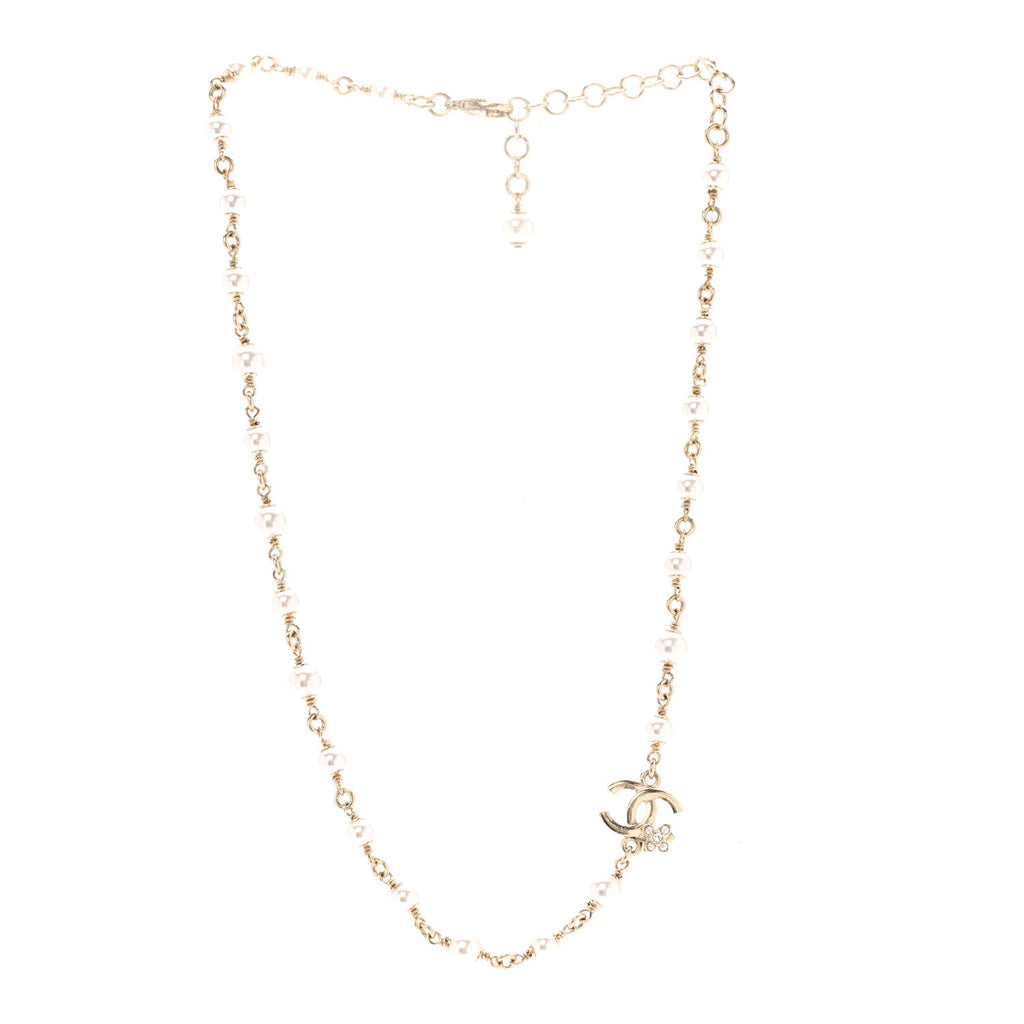 Chanel Pearl Crystal CC Flower Necklace Pearly White Light Gold