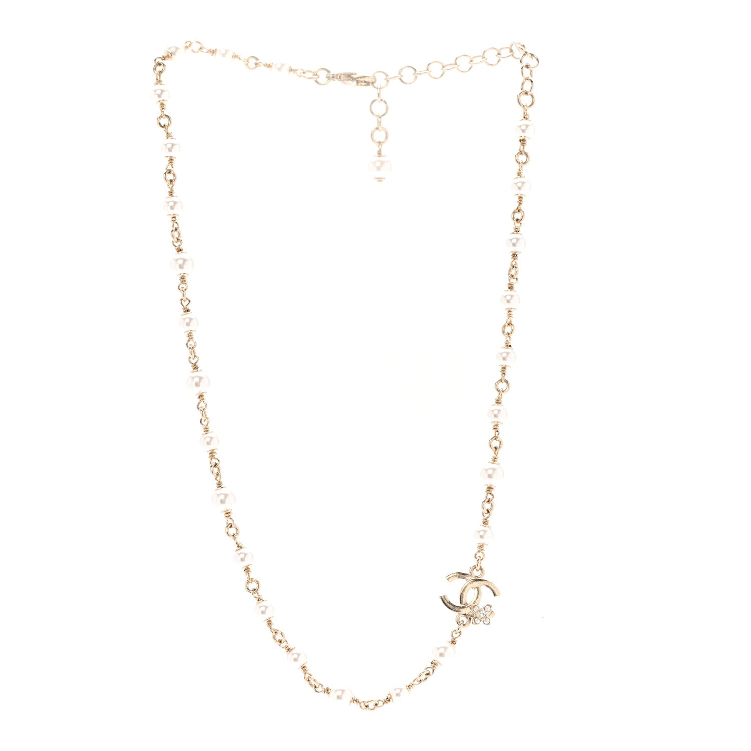 Chanel Pearl Crystal CC Flower Necklace Pearly White Light Gold