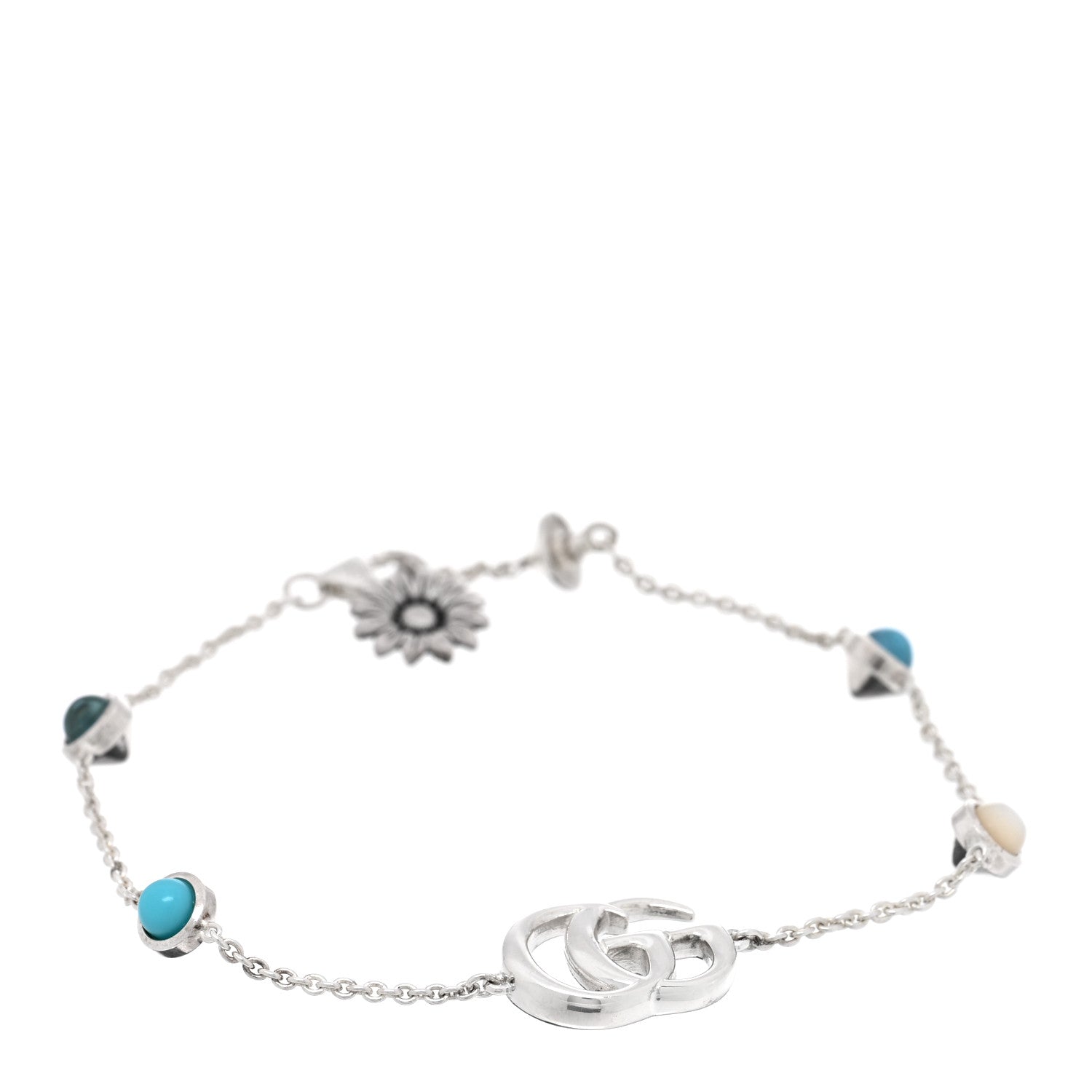 Gucci Sterling Silver Blue Topaz Mother of Pearl Resin Double G Flower Bracelet Turquoise