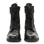 Chanel Sheepskin Quilted CC Tall Lace Up Combat Boots 38.5 Black