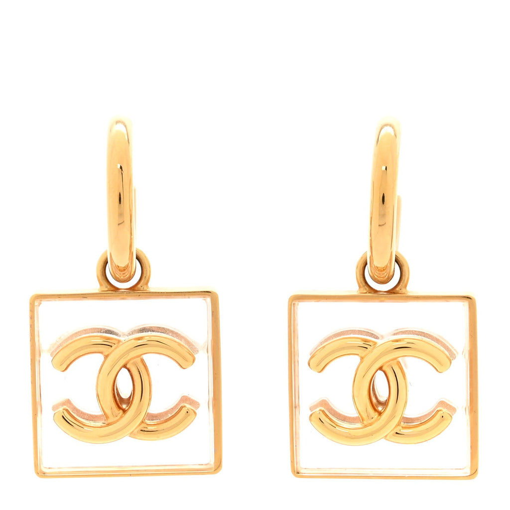 Chanel Metal Resin CC Square Drop Earrings Gold Transparent
