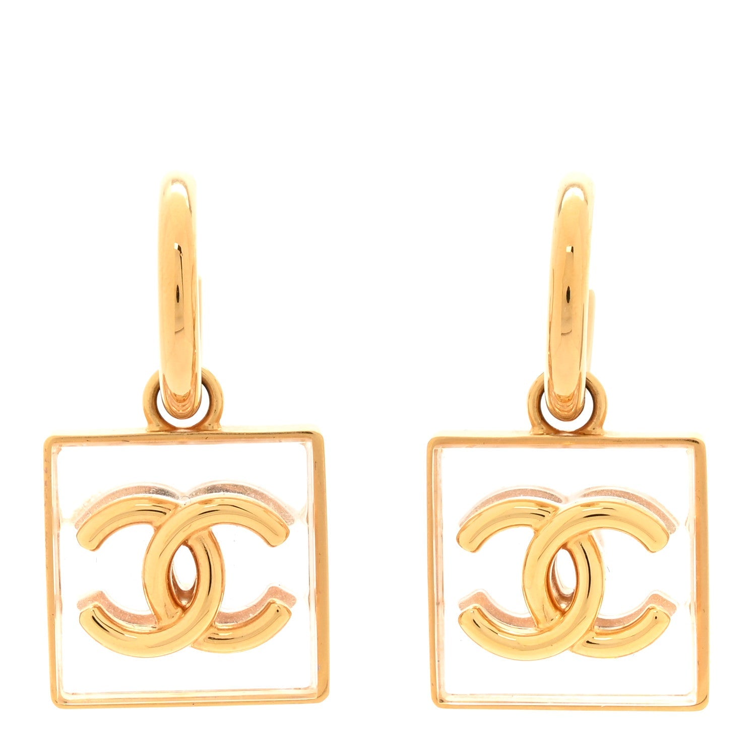Chanel Metal Resin CC Square Drop Earrings Gold Transparent