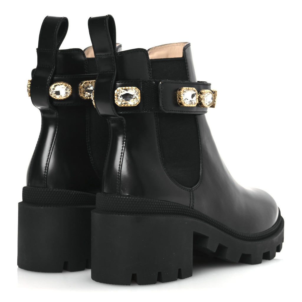 Gucci Calfskin Crystal GG Trip Chelsea Ankle Boots 35.5 Black