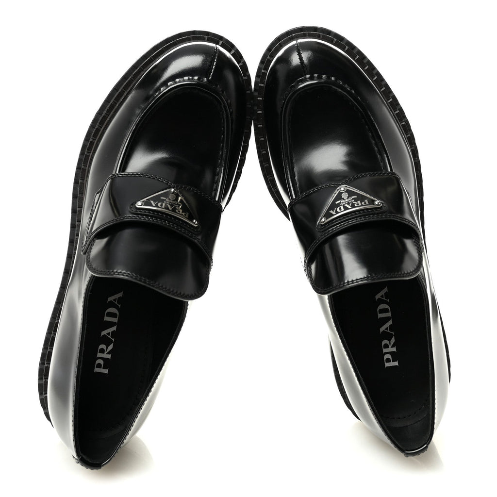 Prada Spazzolato Metal Triangle Logo 50mm Loafers 39 Black